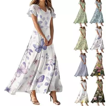 Женские летние повседневные модные платья с цветочным принтом, платья с V-образным вырезом и коротким рукавом XS