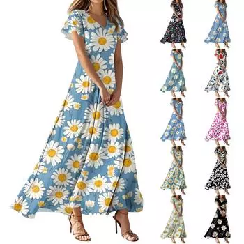 Женские летние повседневные модные платья с принтом и короткими рукавами и V-образным вырезом XXL синий