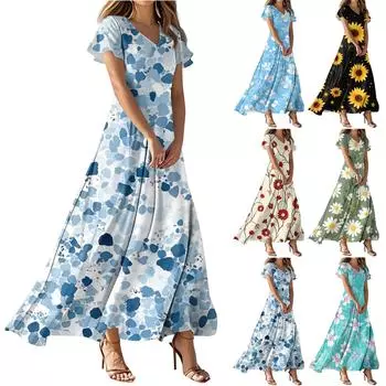 Женские летние повседневные модные платья с цветочным принтом, платья с V-образным вырезом и коротким рукавом S чёрный