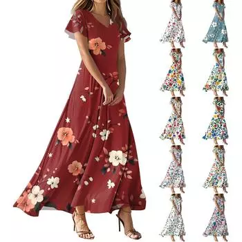 Женские летние повседневные модные платья с принтом и короткими рукавами и V-образным вырезом S розовый