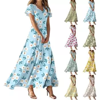Женские летние повседневные модные платья с принтом и короткими рукавами и V-образным вырезом S