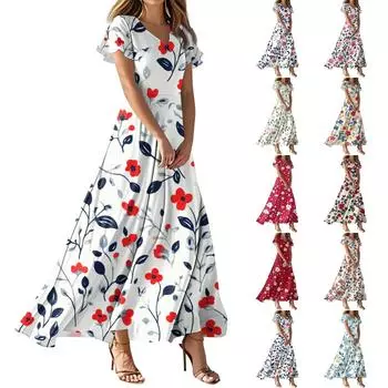 Женские летние повседневные модные платья с принтом и короткими рукавами и V-образным вырезом XS синий