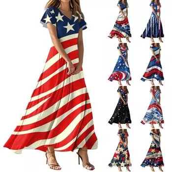 Женские летние повседневные модные платья с принтом и короткими рукавами и V-образным вырезом S красный