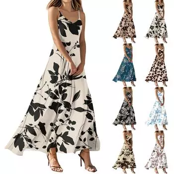 Женские летние повседневные модные платья с принтом, платья без рукавов с V-образным вырезом L чёрный