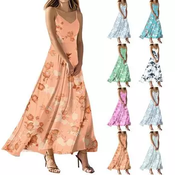 Женские летние повседневные модные платья с принтом, платья без рукавов с V-образным вырезом L синий