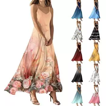 Женские летние повседневные модные платья с принтом, платья без рукавов с V-образным вырезом XL синий