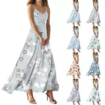 Женские летние повседневные модные платья с принтом, платья без рукавов с V-образным вырезом L зелёный