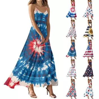 Женские летние повседневные модные платья с принтом, платья без рукавов с V-образным вырезом XL тёмно-синий