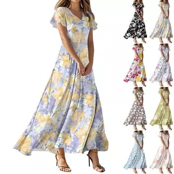 Женские летние повседневные модные платья с цветочным принтом, платья с V-образным вырезом и коротким рукавом XS розовый