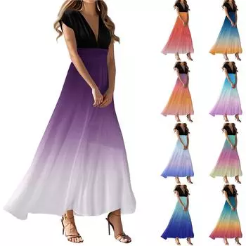 Женские летние повседневные модные платья с градиентным принтом, платья с V-образным вырезом и коротким рукавом L