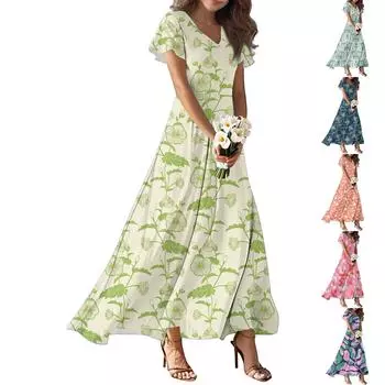 Женские летние повседневные модные платья с принтом, платья с V-образным вырезом и коротким рукавом M киноварь