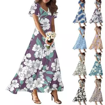 Женские летние повседневные модные платья с принтом, платья с V-образным вырезом и коротким рукавом L хаки