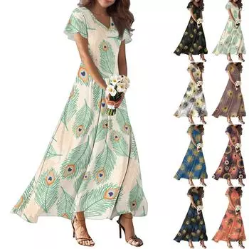 Женские летние повседневные модные платья с принтом, платья с V-образным вырезом и коротким рукавом L бежевый