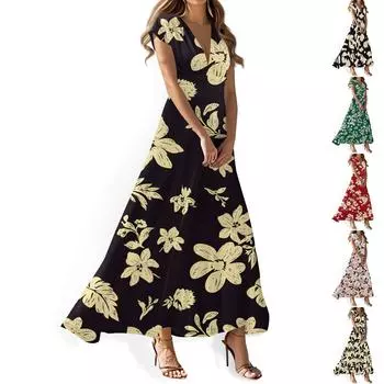 Женские летние повседневные модные платья с цветочным принтом, платья с V-образным вырезом и коротким рукавом M тёмно-синий