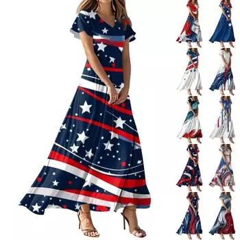 Женские летние повседневные модные платья с принтом ко Дню независимости, платья с коротким рукавом и V-образным вырезом L