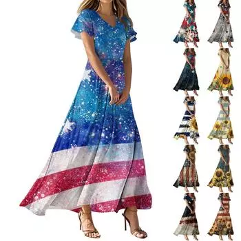 Женские летние повседневные модные платья с принтом ко Дню независимости, платья с коротким рукавом и V-образным вырезом XS
