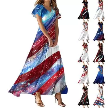 Женские летние повседневные модные платья с принтом ко Дню независимости, платья с коротким рукавом и V-образным вырезом XS синий