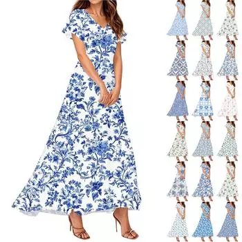 Женские летние повседневные модные платья с принтом, платья с V-образным вырезом и коротким рукавом XXL