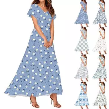Женские летние повседневные модные платья с принтом, платья с V-образным вырезом и коротким рукавом M