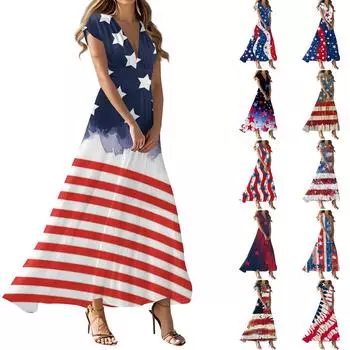 Женские летние повседневные модные платья с принтом ко Дню независимости, платья с коротким рукавом и V-образным вырезом L