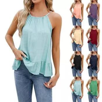 Женские летние повседневные модные плиссированные подтяжки с однотонным верхом с рюшами по краям L чёрный