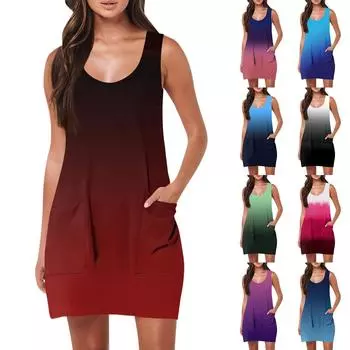 Женские летние повседневные модные пляжные платья без рукавов с карманами на бретелях и градиентным принтом L чёрный