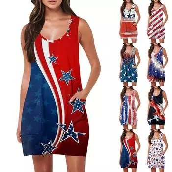 Женские летние повседневные модные пляжные платья без рукавов с карманами и принтом на День независимости L чёрный
