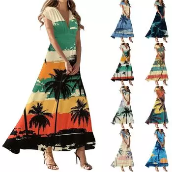 Женские летние повседневные модные пляжные платья с принтом, платья с V-образным вырезом и коротким рукавом XXL