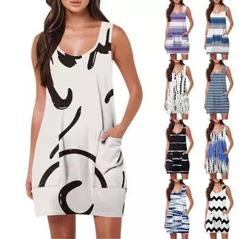 Женские летние повседневные модные пляжные полосатые платья без рукавов с карманами и принтом