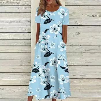 Женские летние повседневные модные винтажные свободные платья с цветочным принтом и круглым вырезом L