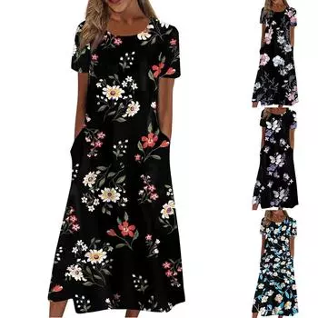 Женские летние повседневные модные винтажные свободные платья с цветочным принтом и круглым вырезом L синий