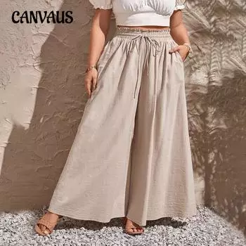 Женские летние повседневные новые широкие брюки с высокой талией и карманами из микро-эластичной ткани 1XL хаки