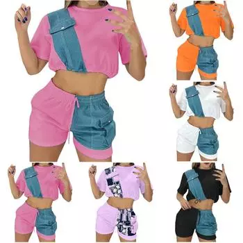 Женские летние повседневные однотонные лоскутные топы с короткими рукавами и шорты без карманов XL оранжевый