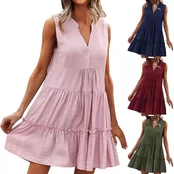 Женские летние повседневные однотонные платья без рукавов с v-образным вырезом Короткие платья для пляжного отдыха L армия зеленый