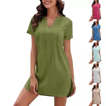 Женские летние повседневные однотонные повседневные платья с коротким рукавом и v-образным вырезом, платья с рюшами L