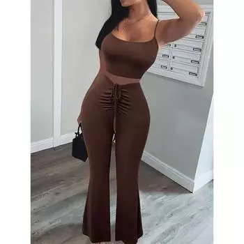 Женские летние повседневные однотонные расклешенные брюки на шнурке, комплект из двух предметов S темно-коричневого