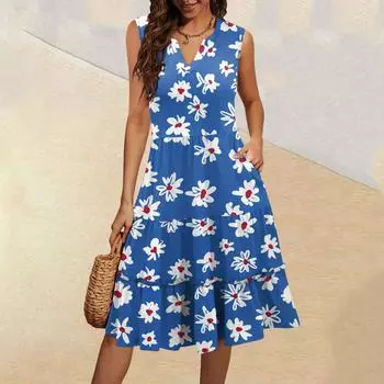 Женские летние повседневные платья без рукавов с V-образным вырезом и плиссированными оборками в винтажном стиле с цветочным принтом L синий