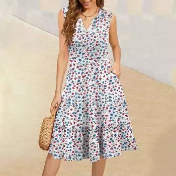 Женские летние повседневные платья без рукавов с V-образным вырезом и плиссированными оборками в винтажном стиле с цветочным принтом S красный