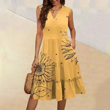 Женские летние повседневные платья без рукавов с V-образным вырезом и плиссированными оборками в винтажном стиле с цветочным принтом XL оранжевый