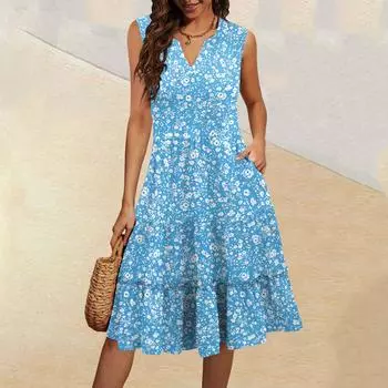 Женские летние повседневные платья без рукавов с V-образным вырезом и плиссированными оборками в винтажном стиле с цветочным принтом M синий