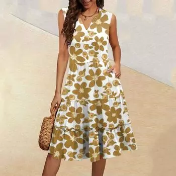 Женские летние повседневные платья без рукавов с V-образным вырезом и плиссированными оборками в винтажном стиле с цветочным принтом S