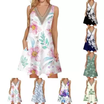 Женские летние повседневные платья без рукавов, накидки с v-образным вырезом, кружевное платье-майка, свободный струящийся пляжный сарафан в стиле бохо с карманами L чёрный