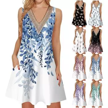 Женские летние повседневные платья без рукавов, накидки с v-образным вырезом, кружевное платье-майка, свободный струящийся пляжный сарафан в стиле бохо с карманами L чёрный