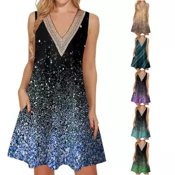 Женские летние повседневные платья без рукавов, накидки с v-образным вырезом, кружевное платье-майка, свободный струящийся пляжный сарафан в стиле бохо с карманами