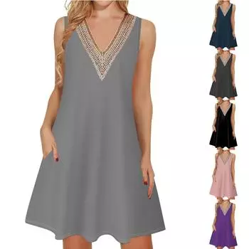 Женские летние повседневные платья без рукавов, накидки с v-образным вырезом, кружевное платье-майка, свободный струящийся пляжный сарафан в стиле бохо с карманами