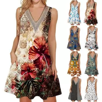 Женские летние повседневные платья без рукавов, накидки, кружевное платье с v-образным вырезом, свободный пляжный сарафан в стиле бохо с карманами L чёрный