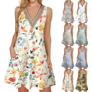 Женские летние повседневные платья без рукавов, накидки с v-образным вырезом, кружевное платье-майка, свободный струящийся пляжный сарафан в стиле бохо с карманами
