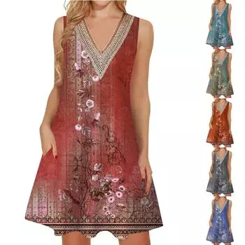 Женские летние повседневные платья без рукавов, накидки с v-образным вырезом, кружевное платье-майка, свободный струящийся пляжный сарафан в стиле бохо с карманами