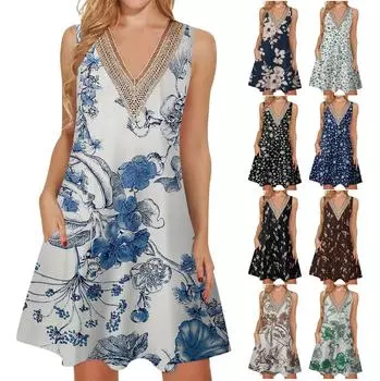 Женские летние повседневные платья без рукавов, накидки с v-образным вырезом, кружевное платье-майка, свободный струящийся пляжный сарафан в стиле бохо с карманами