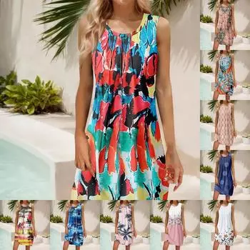 Женские летние повседневные платья без рукавов с принтом и U-образным вырезом L